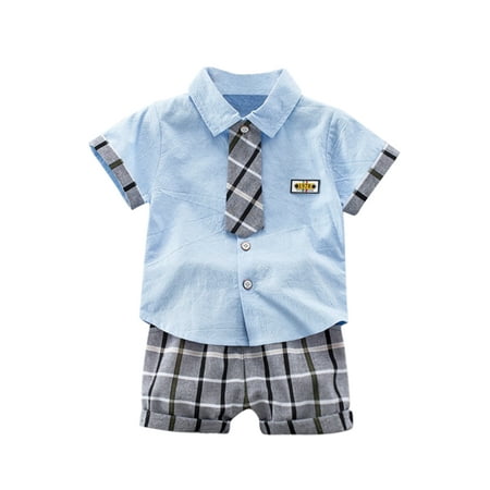 

Carolilly Boy s Clothing Set Plaid Lapel Short Sleeve T-shirt and Shorts Two-piece Suit for Birthday Party Photography
