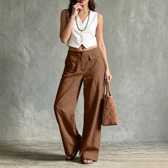 Women's Patch Pocket Wide Leg Pants, Button Zip Waist, Front Patch Pockets, Relaxed Fit