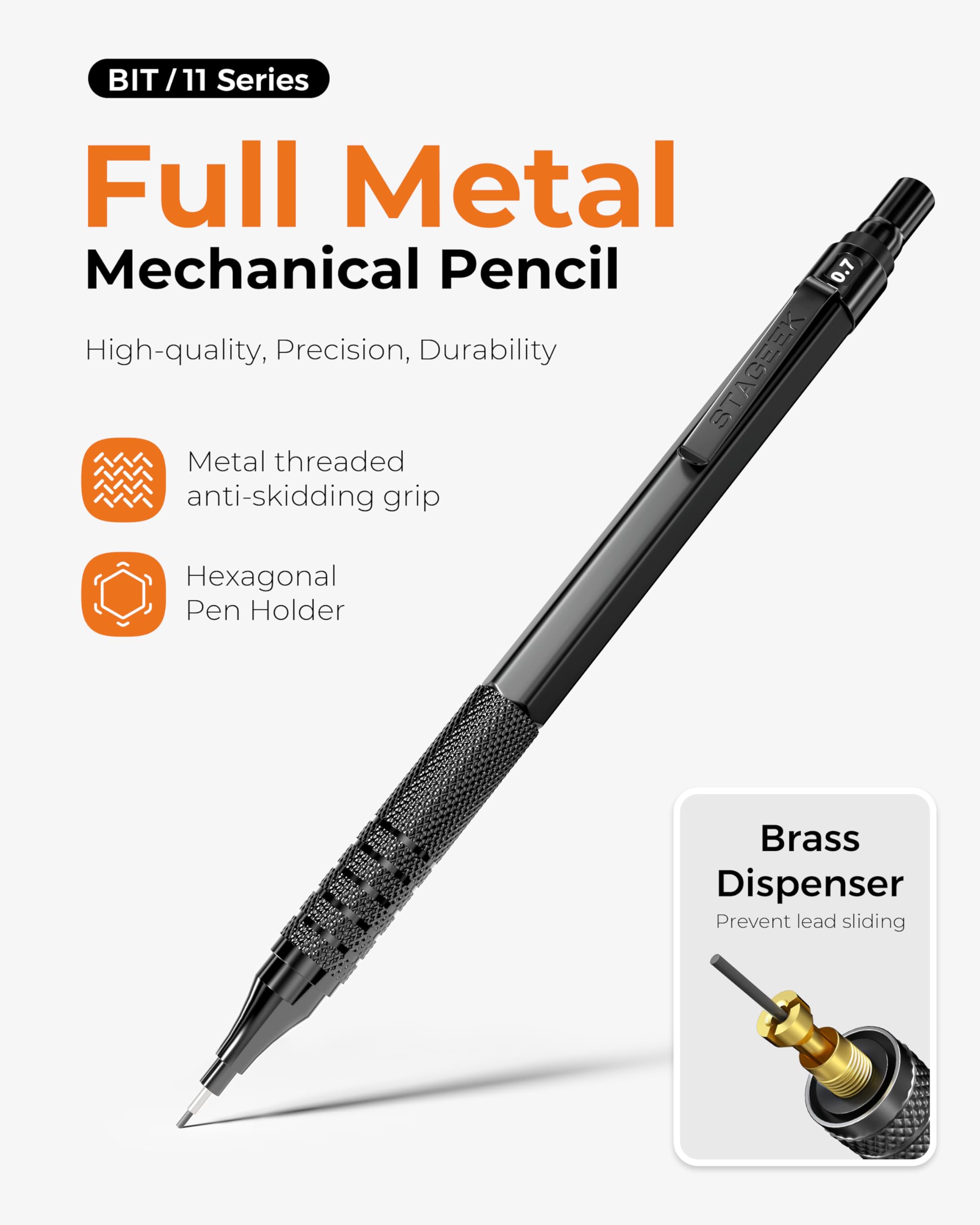STAGEEKC Metal Mechanical Pencil Set in Leather Case, 5PCS Art Drafting Pencil 0.3, 0.5, 0.7, 0.9 & 2mm Lead Holder, 9 Tube (4B 2B HB 2H Colors) Lead Refills for Drawing, Sketching, Writing (Black)