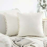 Phantoscope Silky Velvet Series Pom Pom Decorative Throw Pillow with Insert, 18" x 18", Off White, 2 Pack