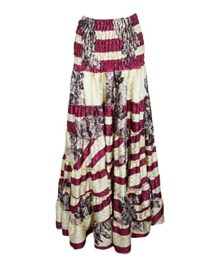 Mogul Women Maroon Beige Floral Printed 2 in 1 Recycled Sari Beach Maxi Skirts Bohemian Summer Tube Dress S/M
