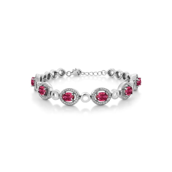 Gem Stone King 925 Sterling Silver Pink Tourmaline Tennis Bracelet for Women (7.02 Cttw, Oval 7X5MM, 7 inch with 1 inch Extender)