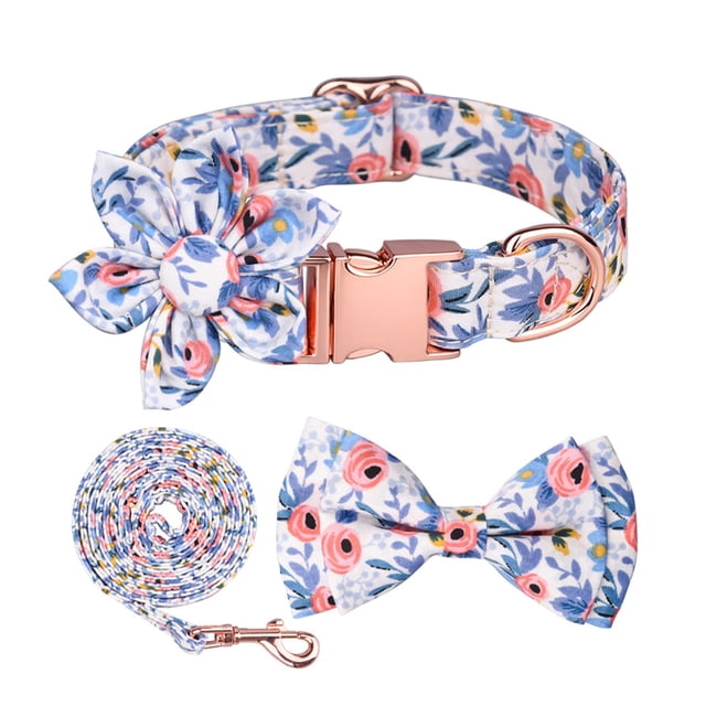 Conjunto de collar y correa para perro con lazo de flores Collar para niña con placa de identificación y hebilla de metal ajustable para perros pequeños, medianos y grandes