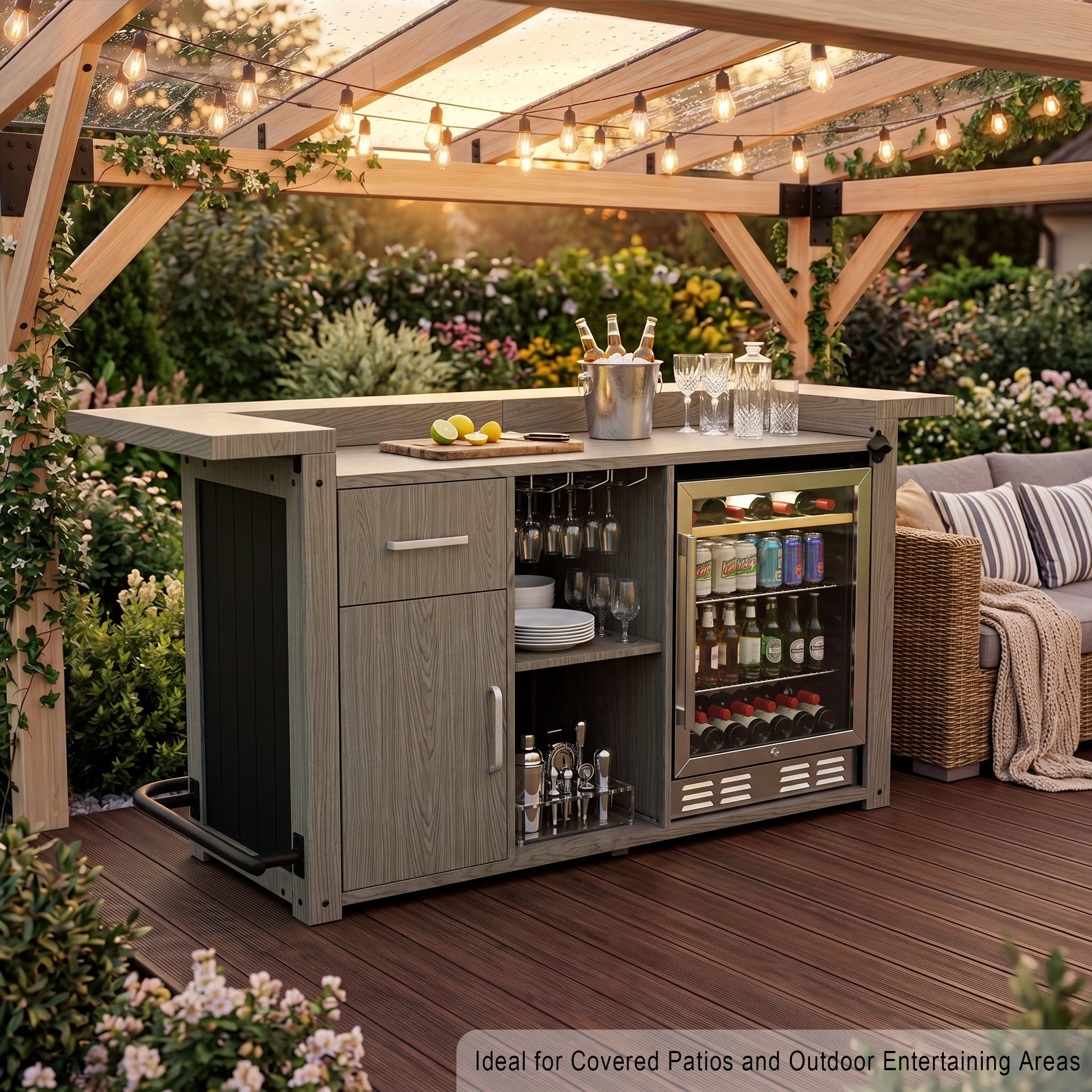 Outdoor Bar Cabinet with Fridge Space, Patio Backyard Bar with Storage