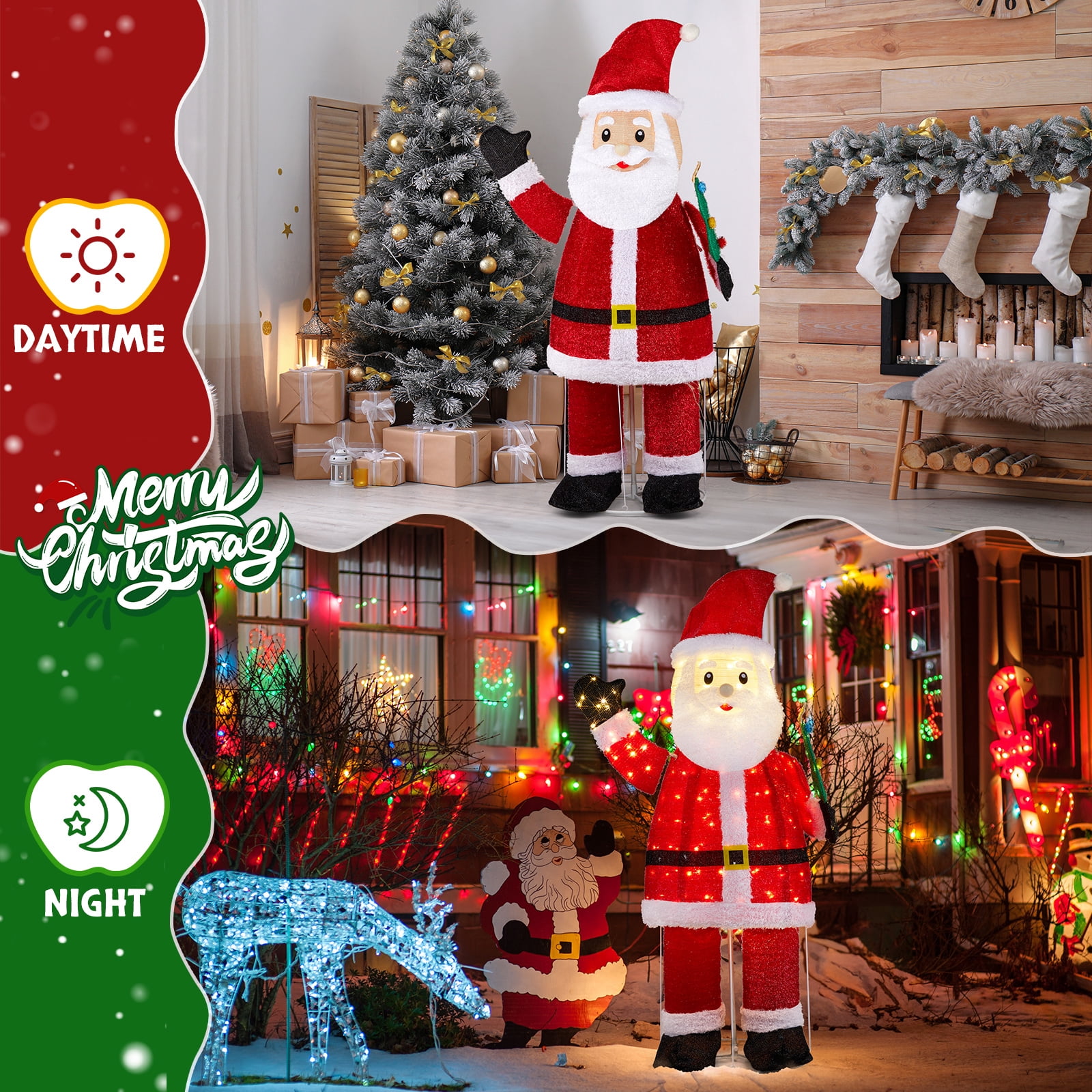 Astoutdoor 6 ft Lighted Santa Christmas Yard Decoration, Pre-lit Pull Up Santa with 180 LED Warm White Lights and Ground Stakes, White