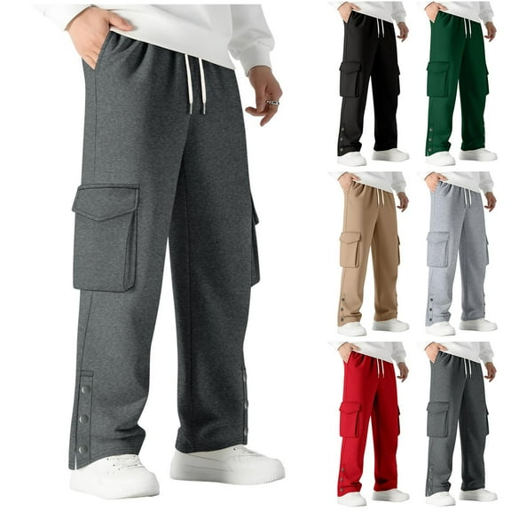 Txeol Mens Fleece Cargo Sweatpants Wide Leg Elastic Waist Pants with Pockets Trendy Bottom Side Slit Streetewear Black,XXL