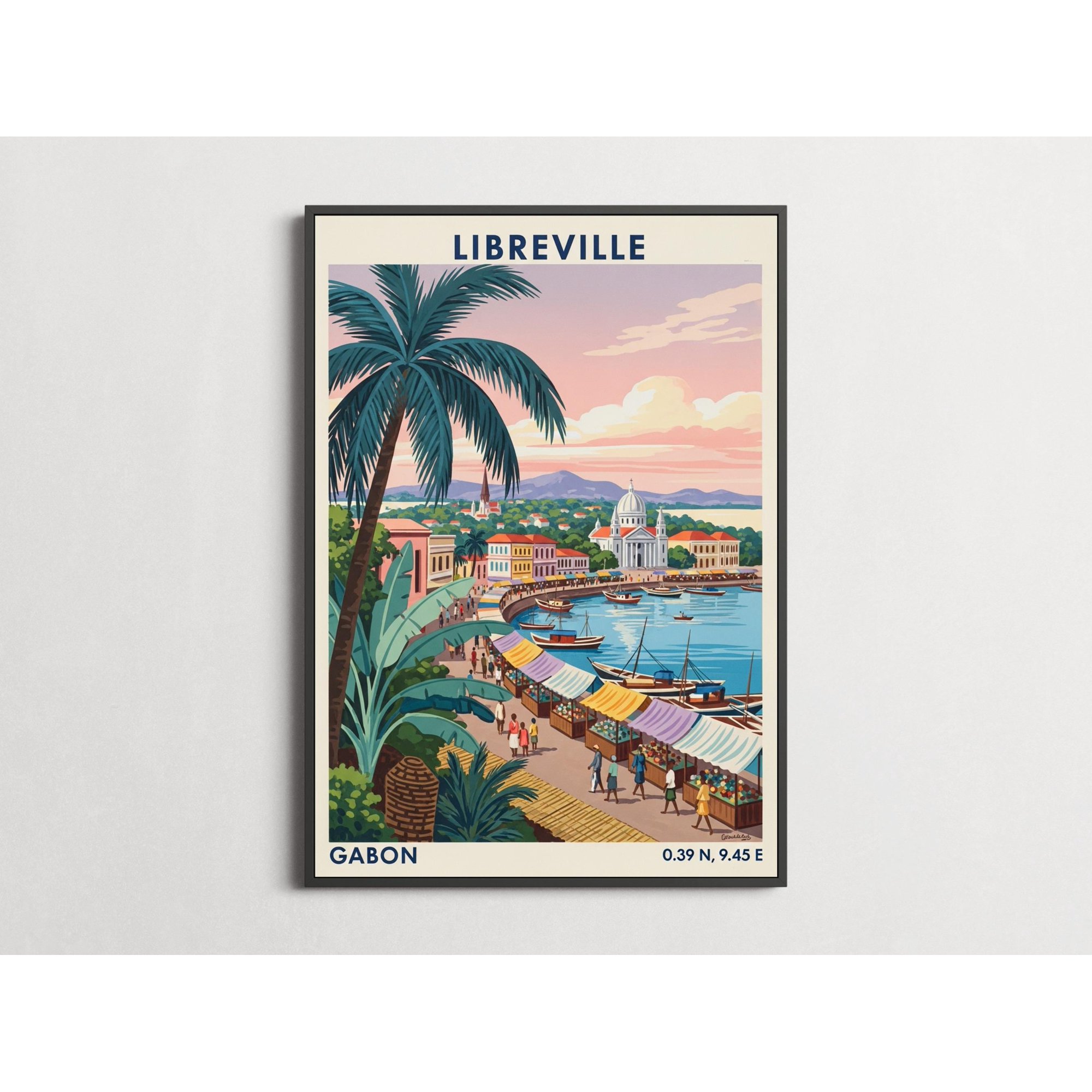 Libreville Vintage Travel Teal And Navy Harbor Cathedral Decorative Wall Art Poster , Poster Print Only