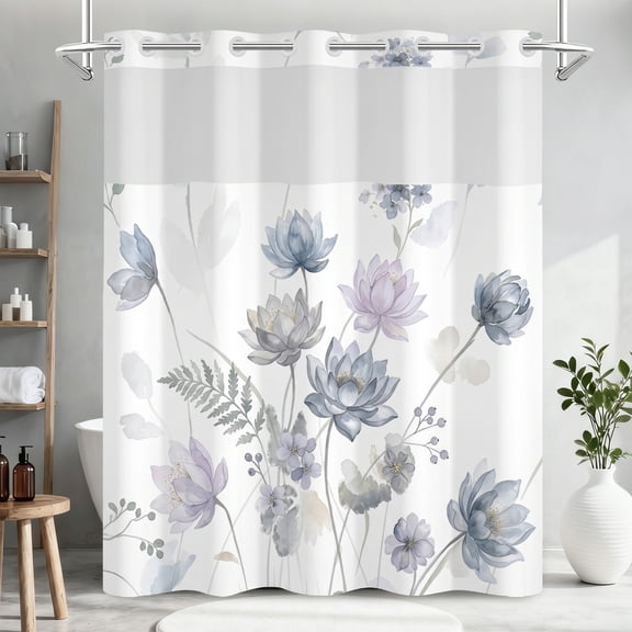 71x74in Watercolor Blue Lotus Boho Floral Hookless Shower Curtain Set