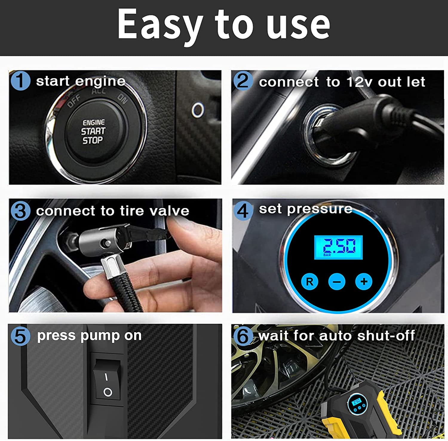 Digital portable Tyre Pressure Gauge and Inflator With Digital LCD Screen and Emergency LED lights Electric Air Pump Suitable for Most Inflatable Products YFFU Tyre Inflator Air Compressor 
