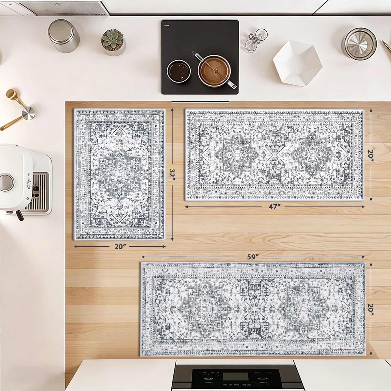 Findosom 3pcs Kitchen Rugs Set,Washable Boho Farmhouse Kitchen Mats for Floor,Non Slip Kitchen Floor Mat Carpet Runner Rugs for Entryway Hallway Laundry Home Decor 20"x32"+20"x47"+20"x59" Gray