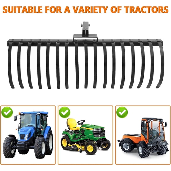 Historyli 49 Inch 3-Point Tractor Landscape Rake with 18 Tines & Detachable Pine Straw Rake, Black