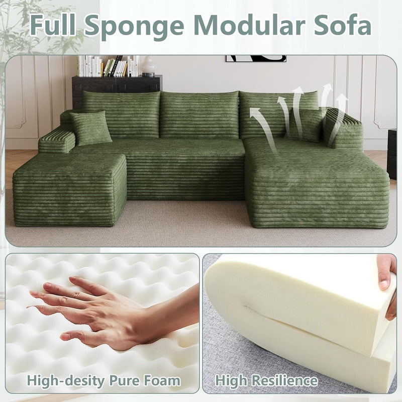 94" Modular Sectional Sofa with Ottoman, Modern Corduroy Cloud Couch with Deep Seat, Upholstered 3-Seater U-Shaped Sofa for Living Room, Right Facing Chaise