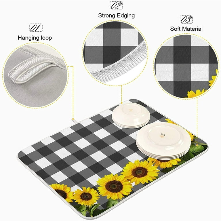 Buffalo Plaid Dish Drying Mat, Black White Checkered Drying Mat