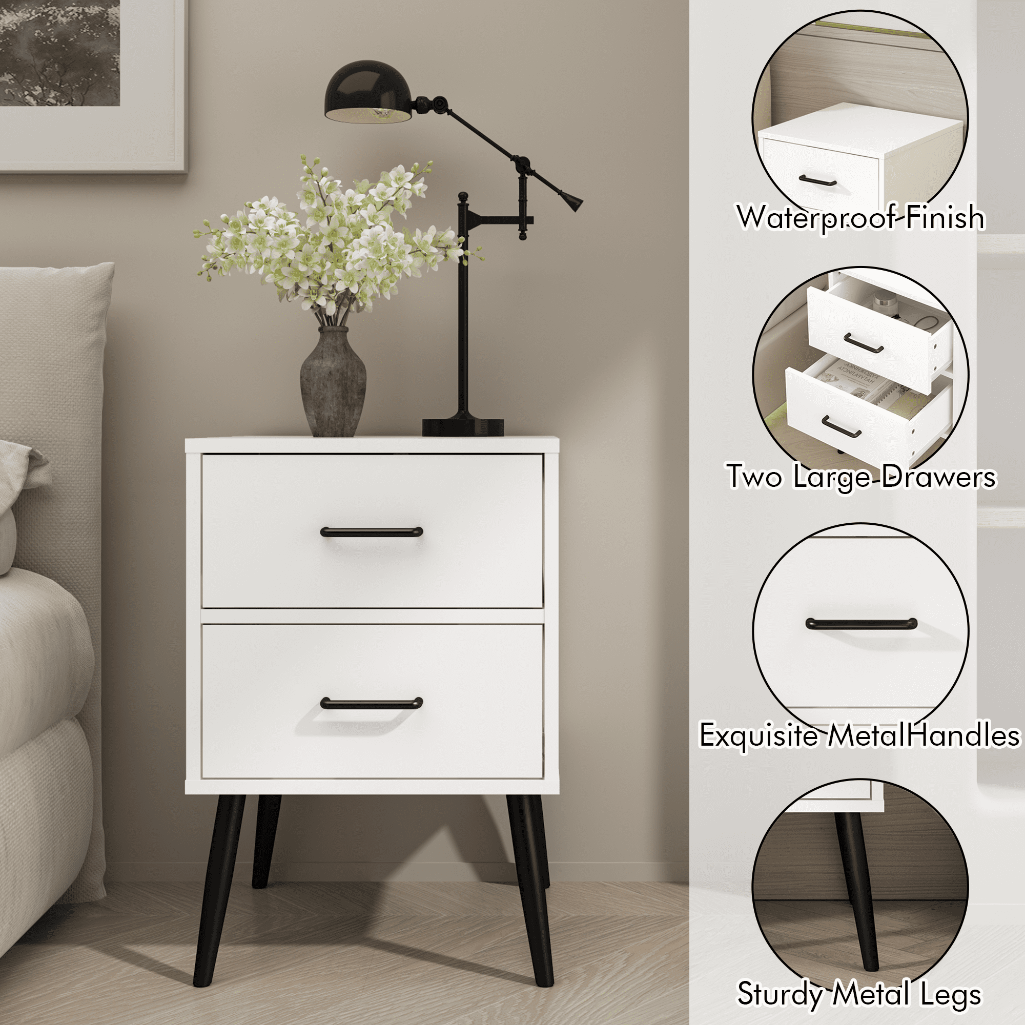 2-Drawer Nightstand with Metal Legs and Metal Handles, Modern White Bedside Table, Small End Table for Bedroom, Living Room or Apartment