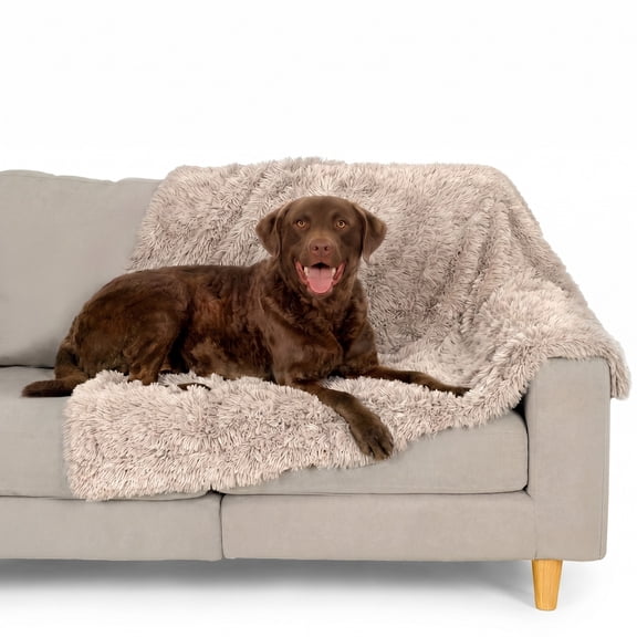 FurHaven Waterproof Throw Blanket for Dogs & Indoor Cats, Washable - Shaggy Plush Calming Long Faux Fur & Velvet Dog Blanket - Taupe, Large