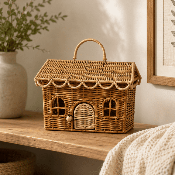 Rattan Storage Basket With Lid House Shaped Woven Organizer Box With Handle For Shelves Closets Living Room Bedroom And Home Decor Multicolor