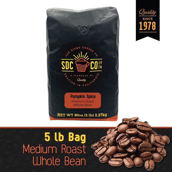San Diego Coffee Pumpkin Spice, Medium Roast, Whole Bean Coffee, 5-Pound Bag