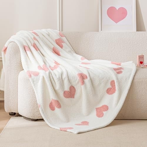 Brythos Reversible Fleece Throw Blanket with Heart Pattern, 60x80 inches Decorative Pink Heart Blanket for Bed Couch and Sofa (Pink Heart)