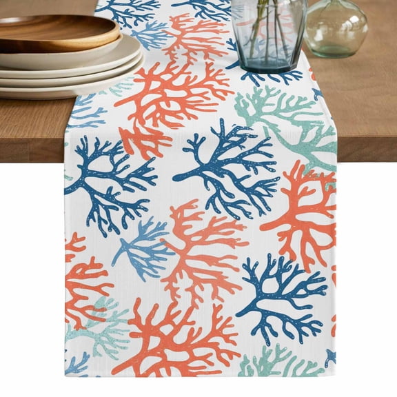 Orange Blue Coral Table Runner, Green Gradient Coastal Ocean Color Washable Cotton Linen Table Runners 60 Inches Long, Dresser Scarf Runner for Coffee/TV Stands/Kitchen/Cabinets 13''x60''