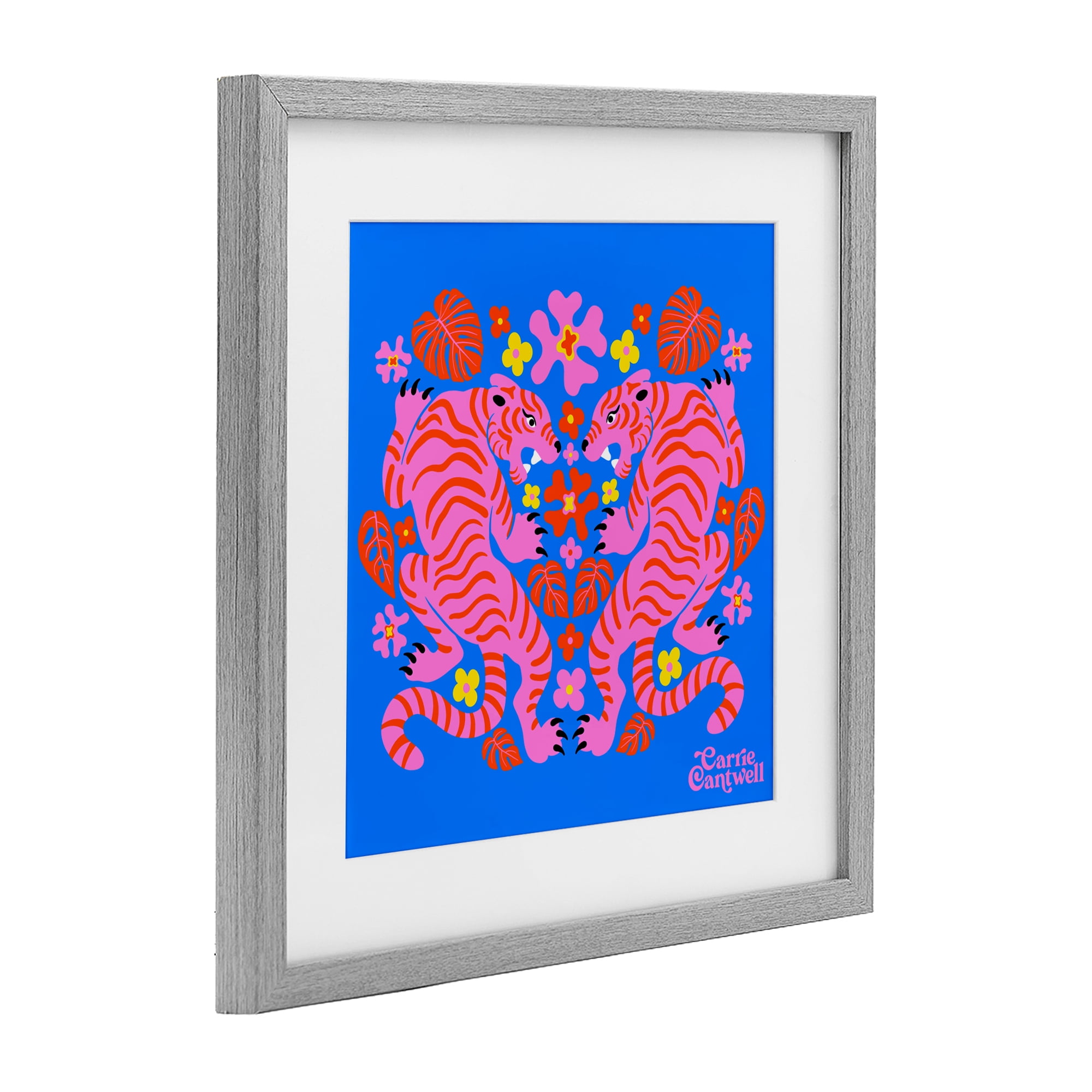 Stupell Industries Pink Tigers and Monstera Gray Framed Print Under Glass, design by Carrie Cantwell