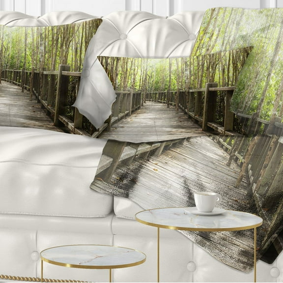 Designart Wooden Bridge in Forest - Landscape Photography Throw Pillow - 12x20