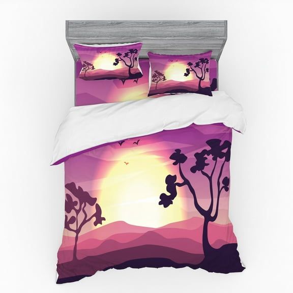 Ambesonne Nature Bedding Set 4 Pcs, Gradient Landscape, Queen, Pale Fuchsia Eggplant