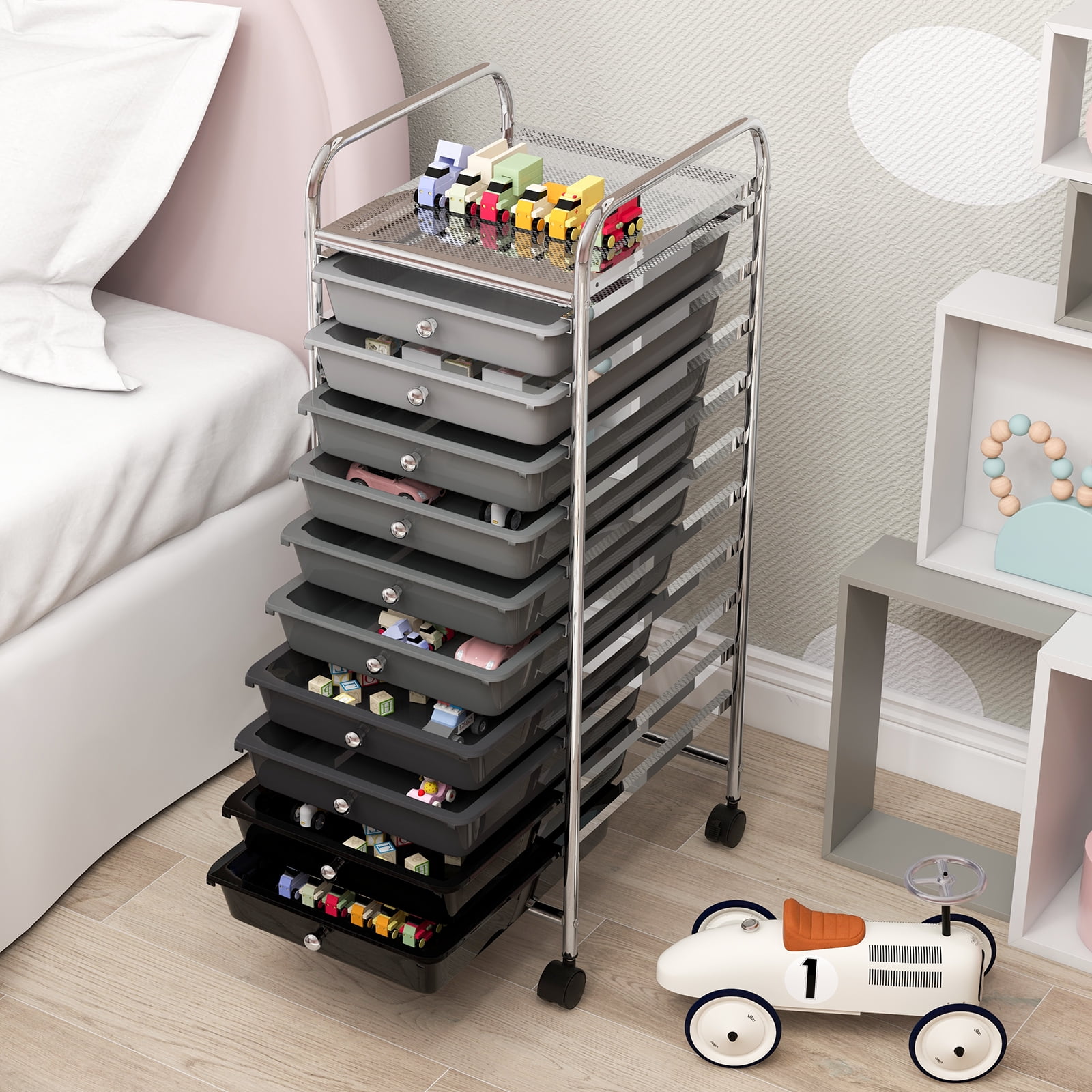 Costway Art & Craft Storage Carts with 10 Removable Drawers Mental Frame & 4 Wheels Gradient Black