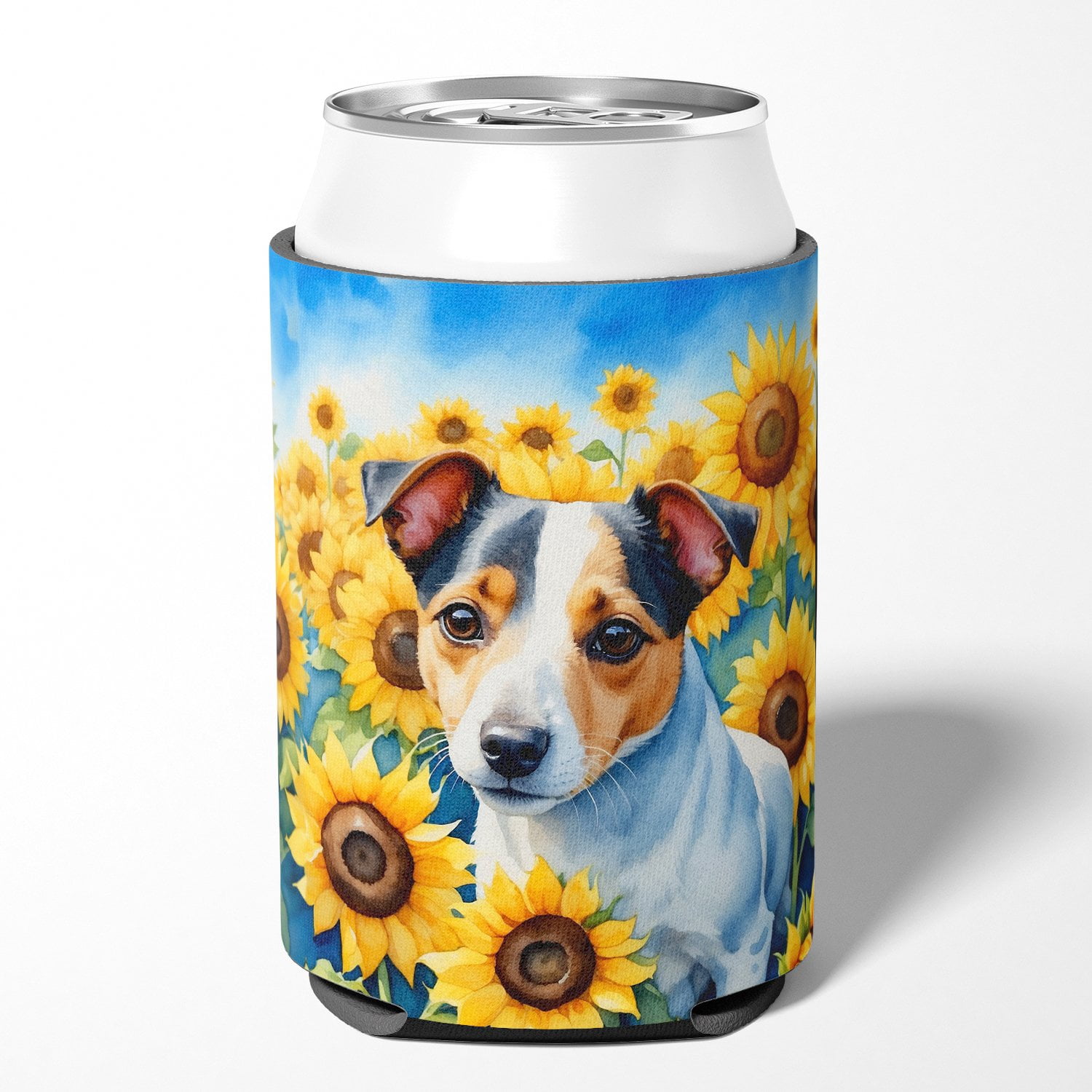 Jack Russell Terrier in Sunflowers Can or Bottle Hugger 3 in x 5 in