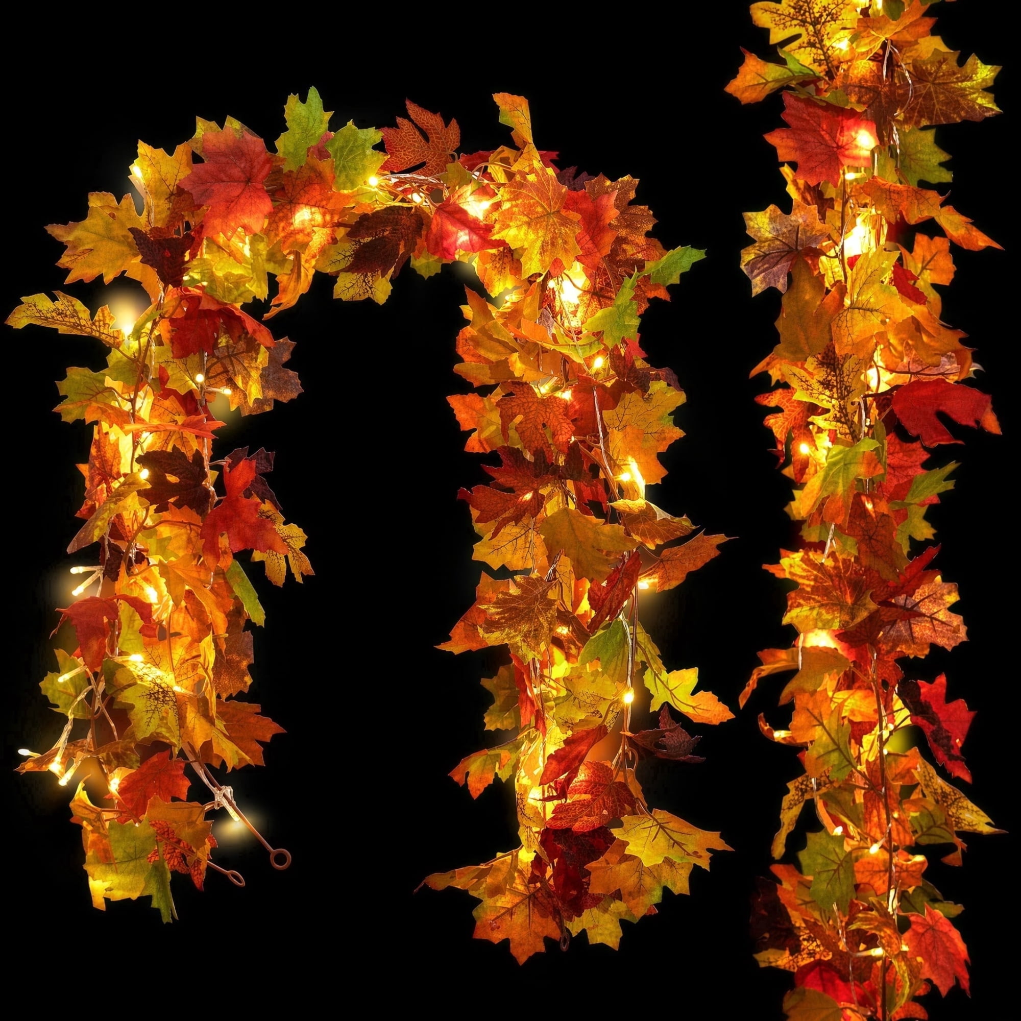 Scidweet Fall Garland with Lights, 2 Pack 12 Ft 60 LED Autumn Maple Leaves Garlands Fall Decorations for Home Party Mantle Fireplace Porch Table Thanksgiving Halloween Decor