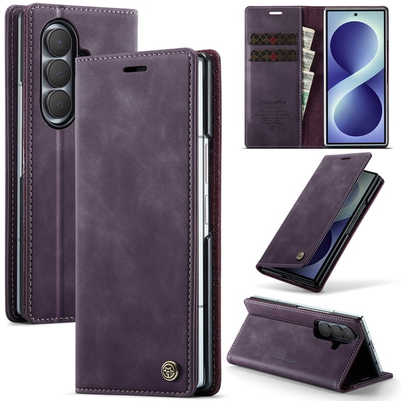 Designed for Samsung Galaxy Z Fold 7 Wallet Case, Classic PU Leather Flip Cover with Kickstand, RFID Blocking Card Slots, Magnetic Clasp, Full Body Protective Shockproof Phone Case, Purple
