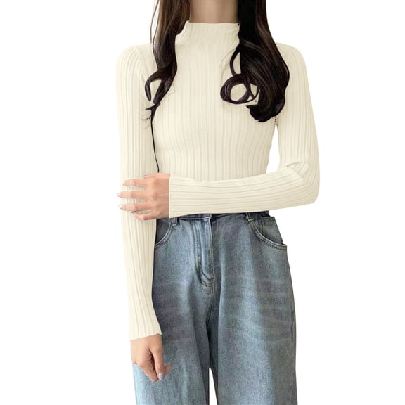 TRUBKH Fall Outfits for Women Mock Neck Top Long Lantern Sleeve Seamless Knit Tops for Women Pullover Top Going Out Tops Oversized Sweaters for Women Fall Outfits for Women Beige One Size