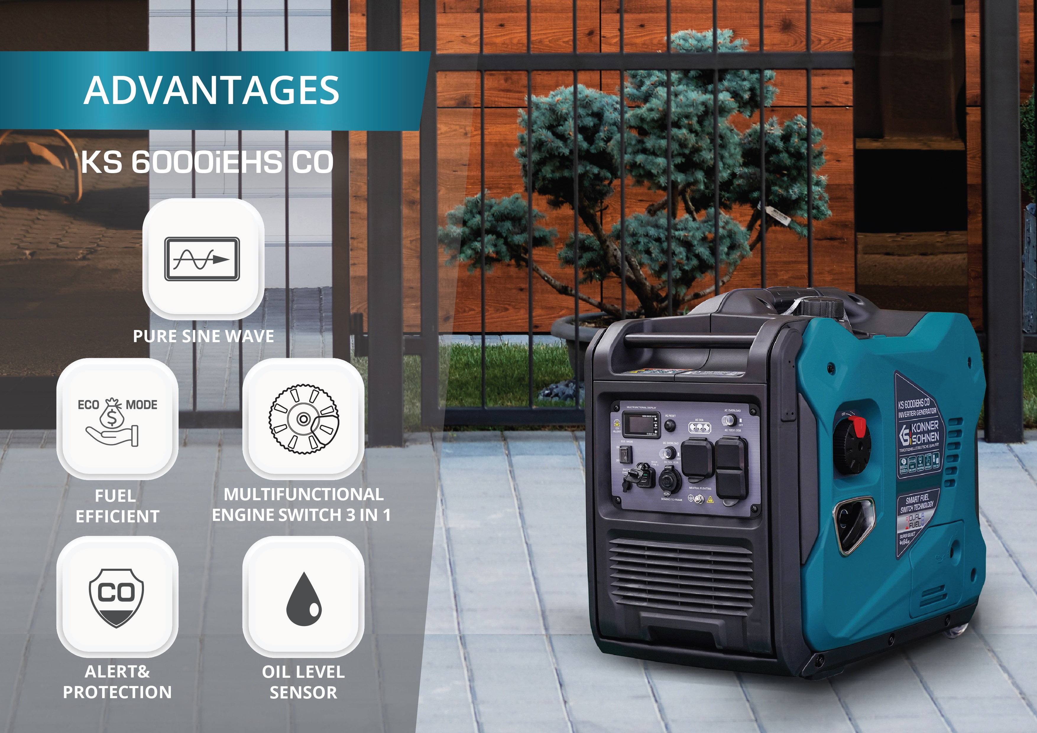 Konner & Sohnen Inverter Generator 5500W, LPG & Gasoline 120/240V CO Sensor, Fuel-Efficient Technology Electric Start LED USB 12V Eco Mode