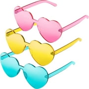3 Pieces Heart Shape Sunglasses Rimless Heart Sunglasses Clear for Valentine Mardi Gras Summer Party Women Girl Pink, Yellow, Blue -