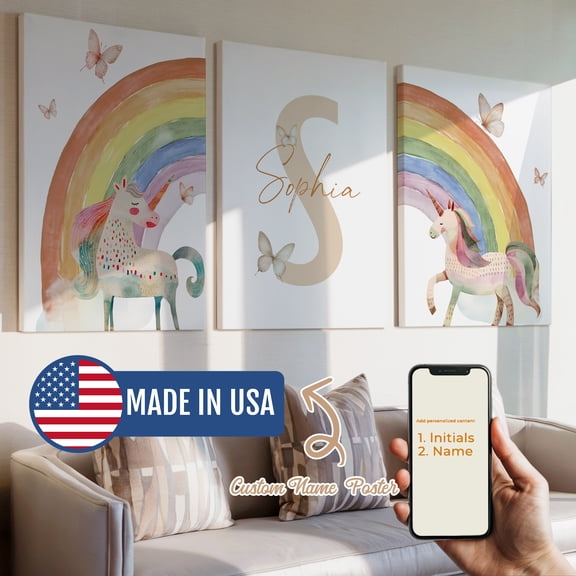 3pcs Custom Kids Name Colored Unicorn Rainbow Gift Decorative Painting, Canvas 8x12inch Unframe, Waterproof Wall Art for Home Decor-Made in USA