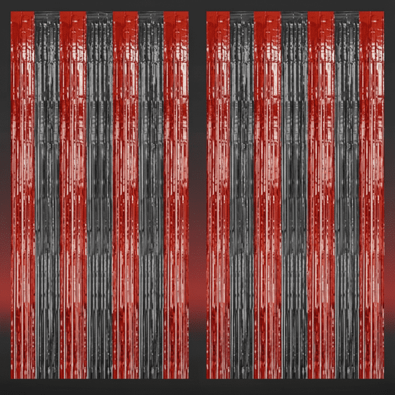 2 Pack Red & Black Shiny Tinsel Curtains - Metallic Foil Fringe Backdrop for Party Decorations, Photo Booth, Birthday, Wedding, Graduation, Christmas Celebrations, 3.3x6.6 FT