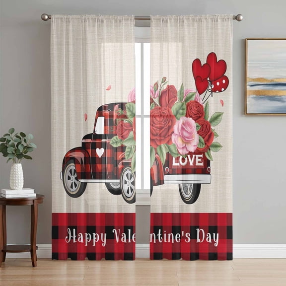 Valentine's Day Sheer Curtains 63 Inch Length 2 Panels Set, Red Roses Truck Black Red Plaid Rustic Voile Window Treatment Rod Pocket Curtains Sheers Drapes for Bedroom/Living Room/Kitchen 52x"63"x2