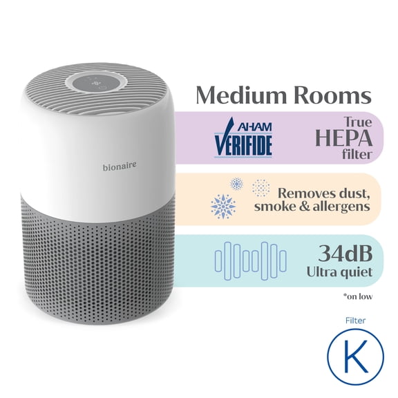 Bionaire True HEPA Air Purifier for Medium Rooms Up to 428 sq. ft with 3-Speed, 360° Air Intake and Removes 99.97% of Dust, Smoke & Allergens - White