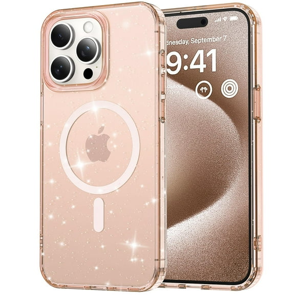 Feishell Magnetic for iPhone 14 Case, for Women Girls, [Compatible with MagSafe] Clear Glitter Cover Slim Transparent Shockproof Bling Transparent Phone Case for iPhone 14,Gold