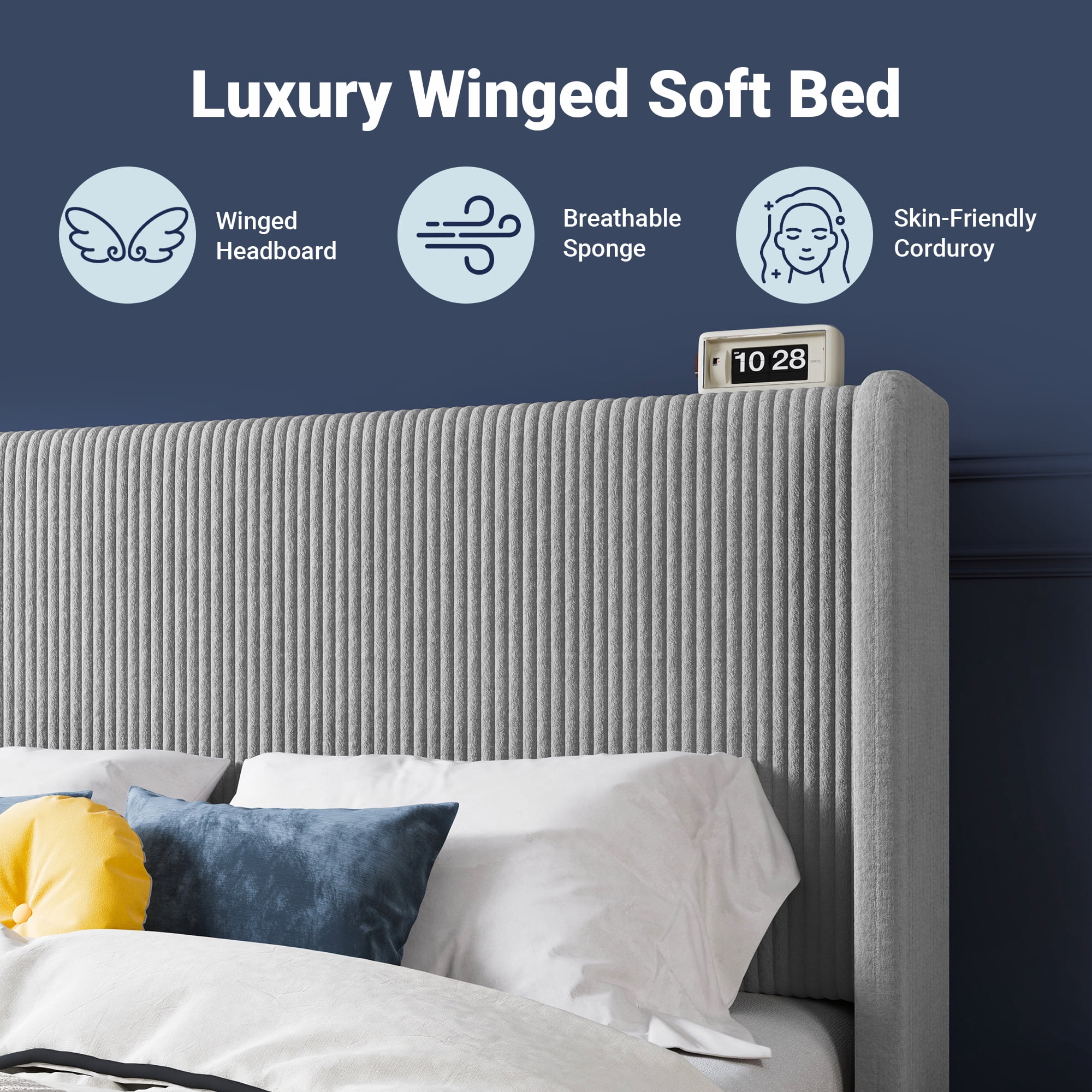Allewie Queen Corduroy Upholstered Platform Bed Frame with Vertical Channel Tufted Wingback Headboard, 8" Under Bed Storage, Wooden Slats and Metal Frame Support, No Box Spring Needed, Light Gray