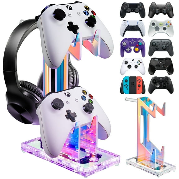 NiHome Iridescent Acrylic Multi-Tier Game Controller & Headset Holder Stand with Customizable LED Lighting, USB-Powered 7 Colors & 3 Modes, Anti-Slip Gaming Desk Organizer & Cable Management(2 Tiers)