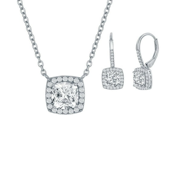 iJewlery2 Sterling Silver Cushion-Cut CZ Halo Necklace and Earrings Set