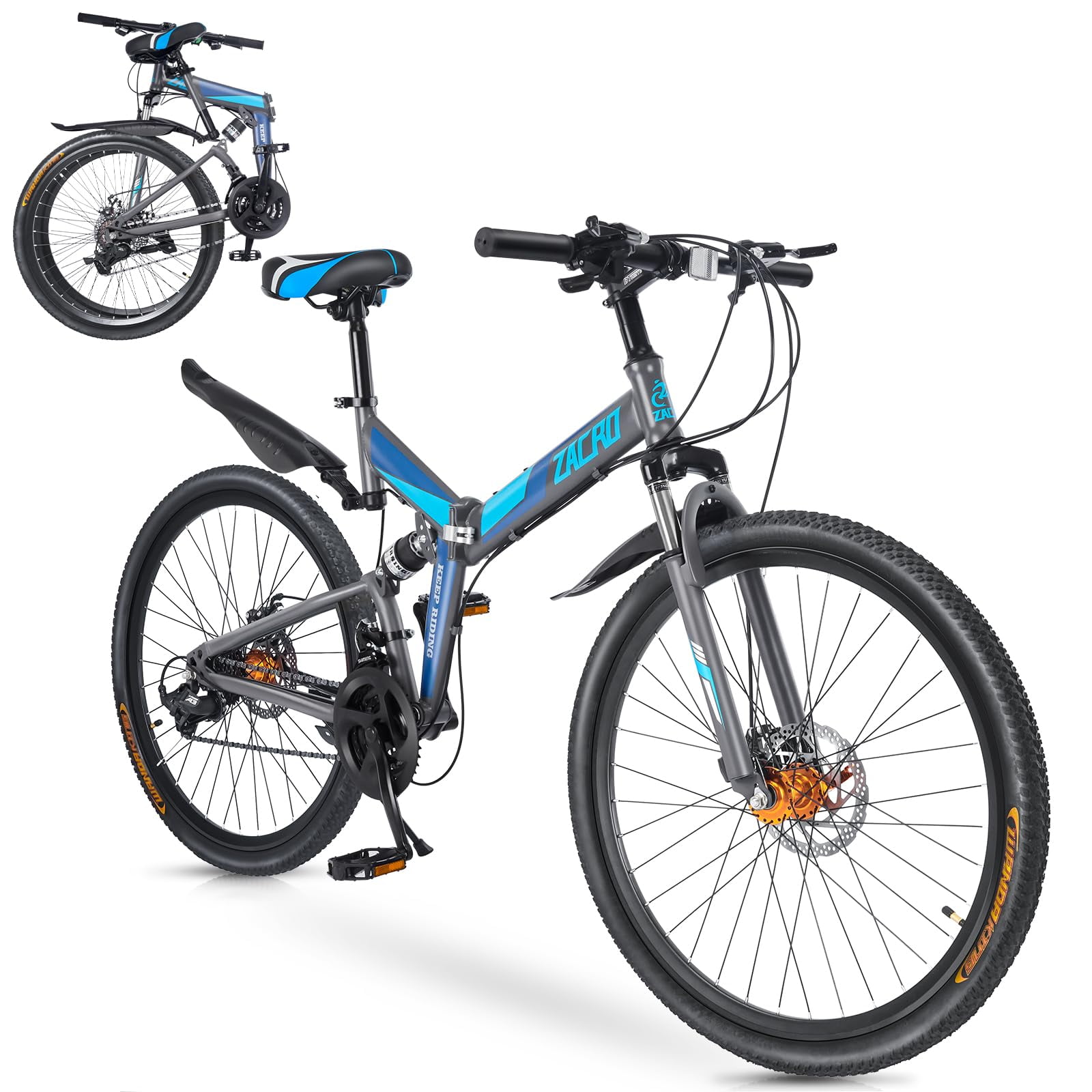 Zacro 26 inch Folding Mountain Bike for Adults Upgraded 24 Speed Carbon Fiber Wheels MTB Bicycle with Shock Absorbers High Carbon Steel Dual Disc Brake Trail Canyon Bikes for Christmas Blue in