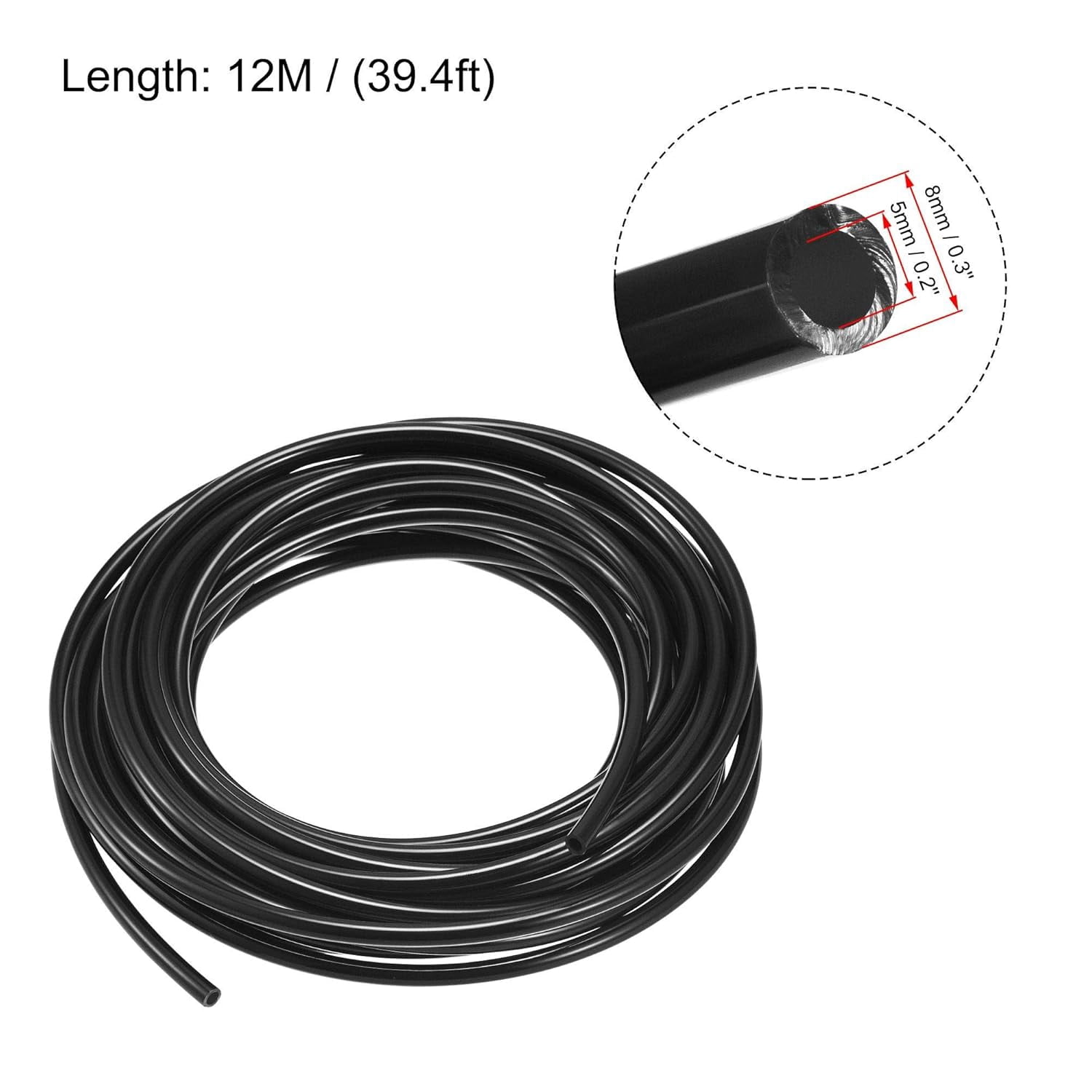MKEUDQ-Pneumatic Tubing, Air Compressor Tube Hose PU Air Line Hose 5mm ID x 8mm OD x 12m/39.4Ft Black