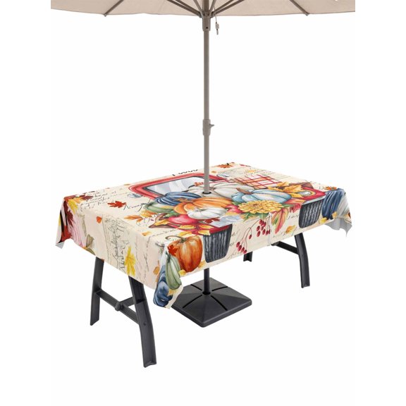 Outdoor Tablecloth with Umbrella Hole and Zipper, Fall Rectangle Table Cloth 52x70 Inch Waterproof Tablecloth, Retro Thanksgiving Truck Pumpkin Maple Leaf Picnic Table Cover for Patio Camping