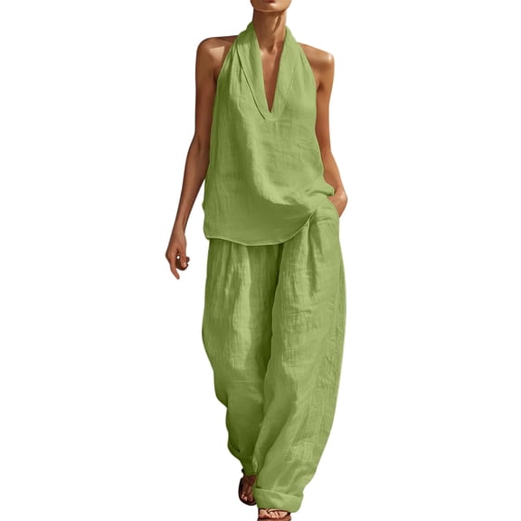 2 Piece Linen Outfits for Women Dressy Casual Vacation Halter V Neck Sleeveless Top and Wide Leg Pant Sets (2XL, Green)
