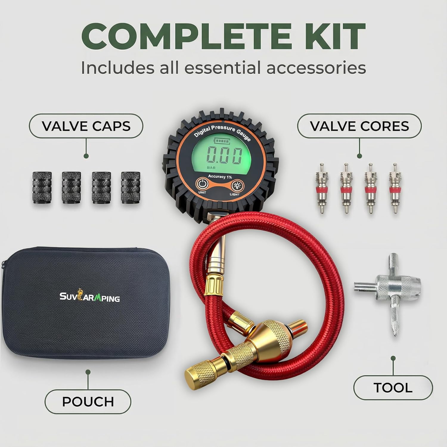 SUVCARMPING 250 PSI Digital Tire Pressure Gauge (±1% Accuracy) - Easy-to-Read Display with Valve Cap & 4-Way Valve Tool, Red