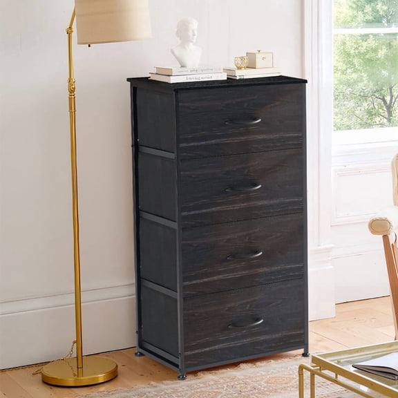 Nextay 4 Drawer Dresser with Wood Top, Fabric Storage Tower & Tall Chest for Bedroom, Living Room, Hallway Organization,Black Wood