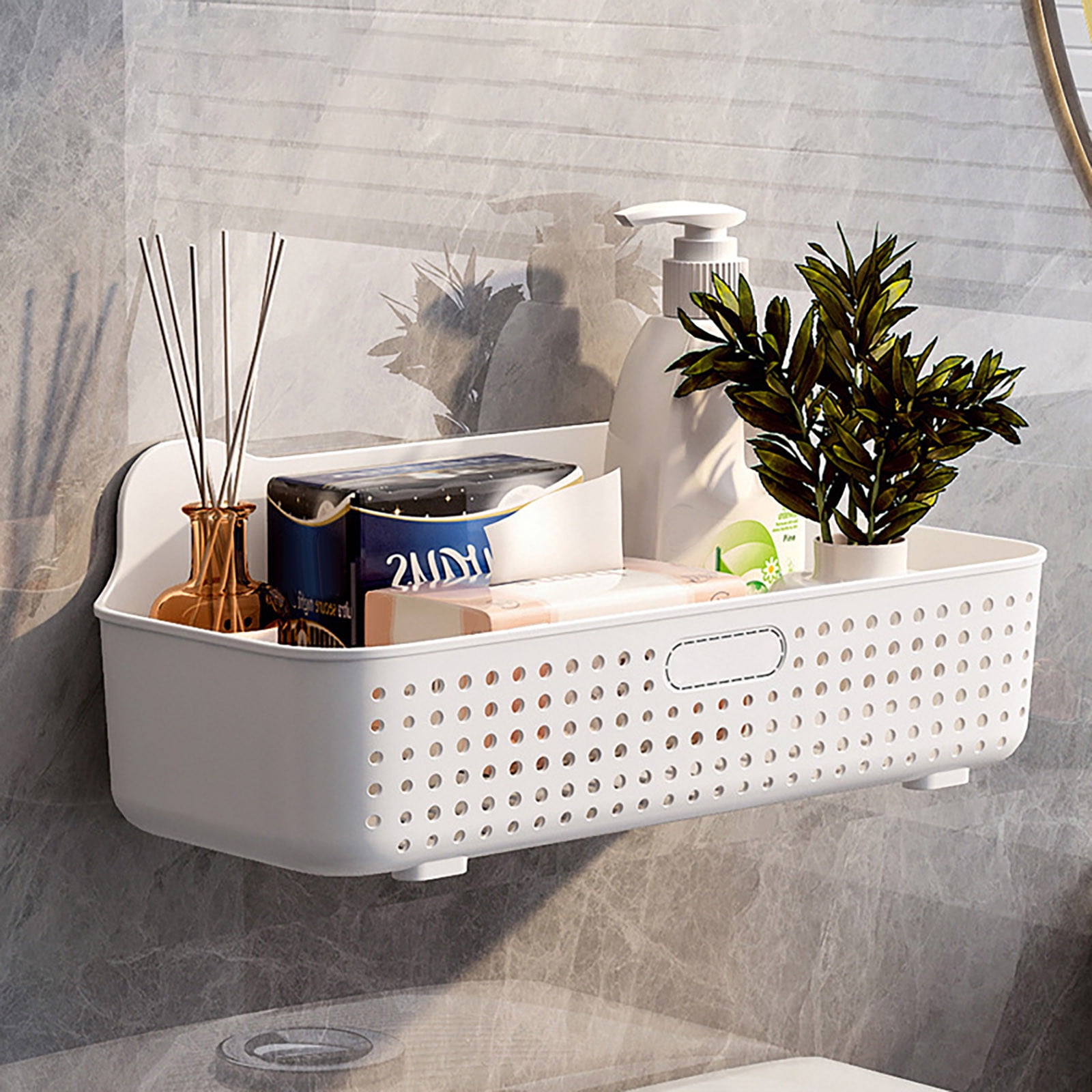 SouMaox Wall Mounted Storage Basket, Adhesive Floating Shelf, Plastic Organizer, Holding Toiletries Washing Supplies for Bathroom Kitchen