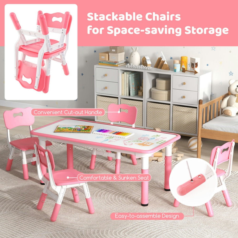 Resenkos Kids Table and Chairs Set for 4 with Graffiti Desktop-Pink, Small Folding Table for Arts & Crafts, Snack Time, Homeschooling, Homework