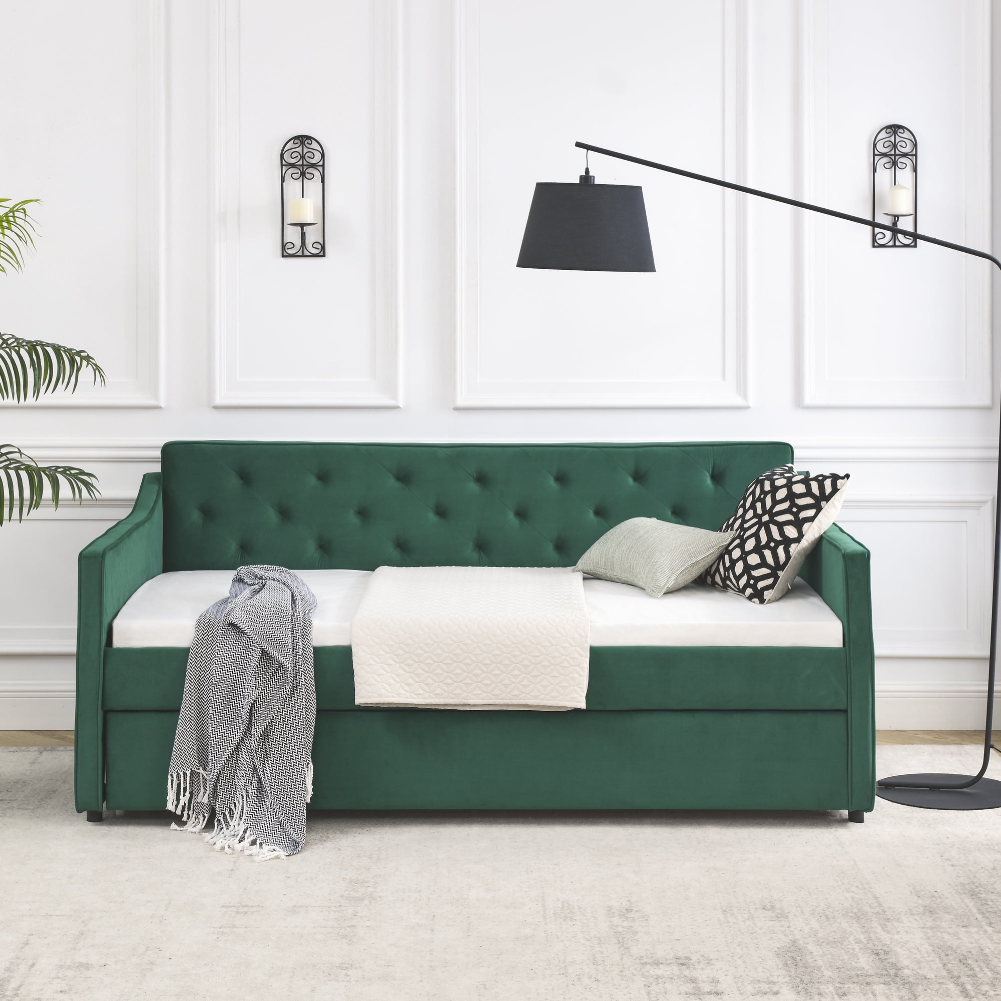 Aukfa Twin Daybed with Trundle, Upholstered Daybed with Tufted Back - Green